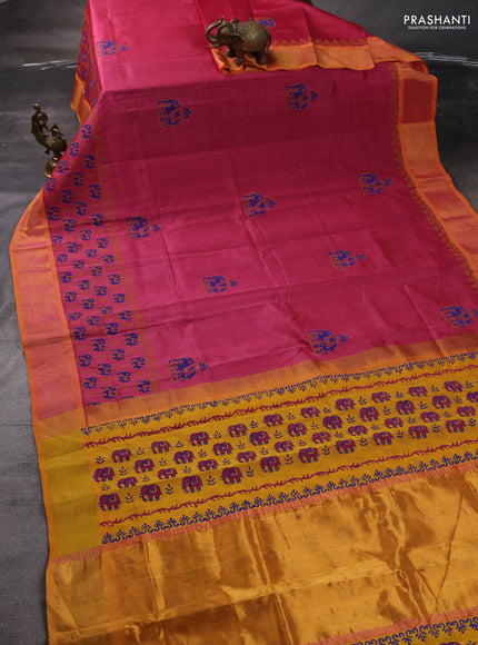 Silk cotton block printed saree pink shade and mango yellow with butta prints and zari woven border