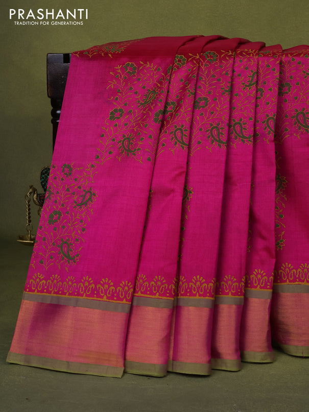 Silk cotton block printed saree pink and light green with allover prints and zari woven border