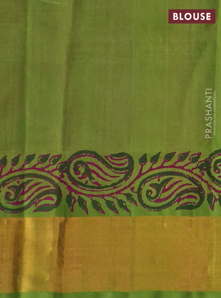 Silk cotton block printed saree pink and light green with allover prints and zari woven border