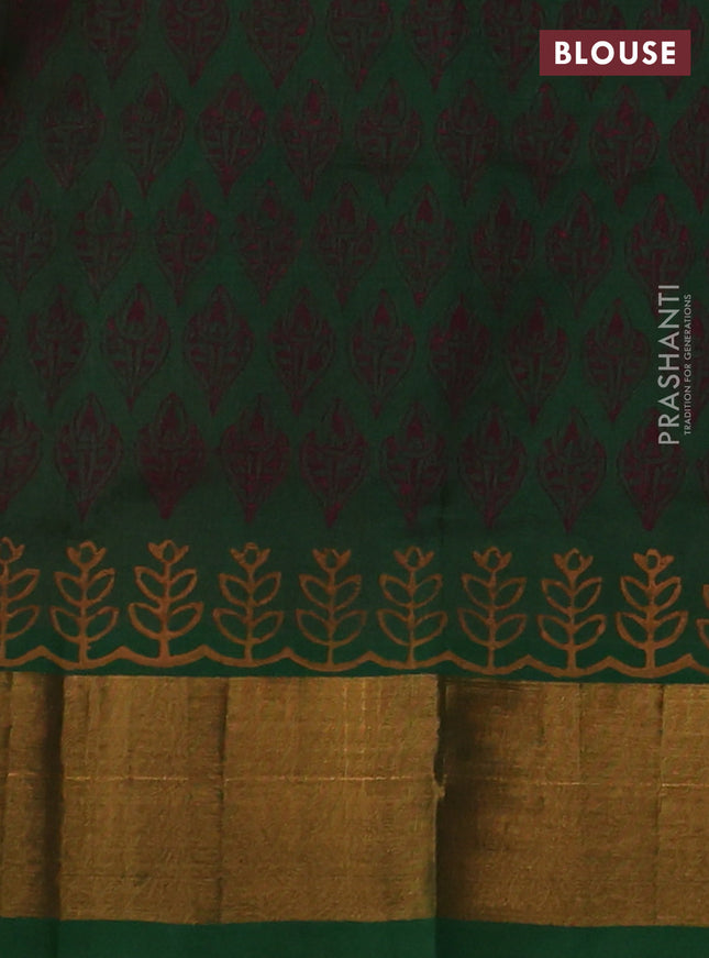Silk cotton block printed saree maroon and green with butta prints and zari woven border