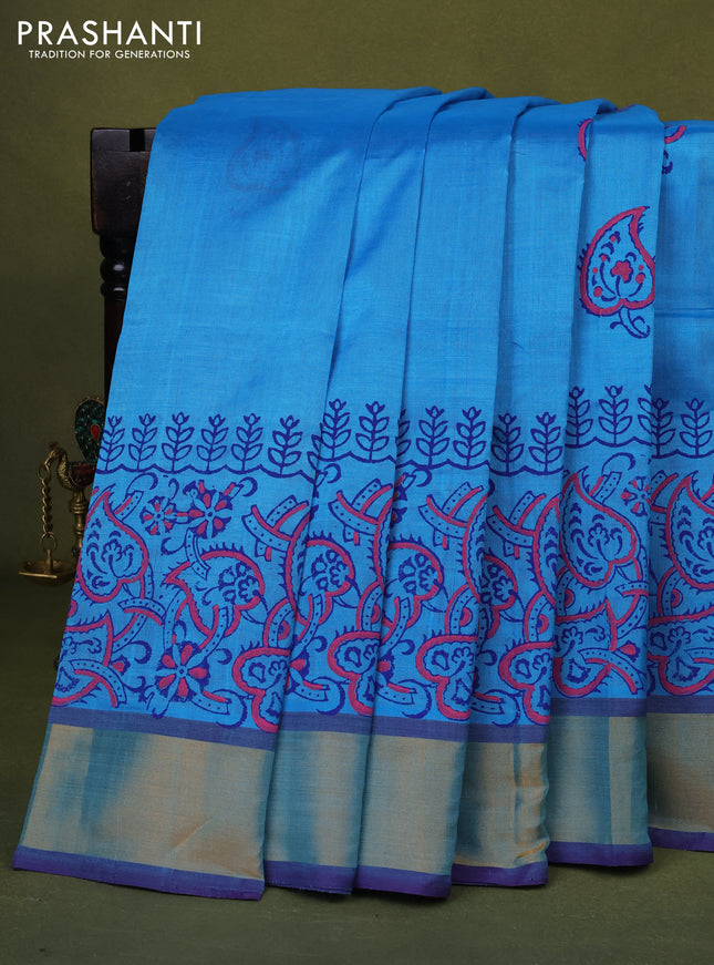 Silk cotton block printed saree light blue and violet with butta prints and zari woven border