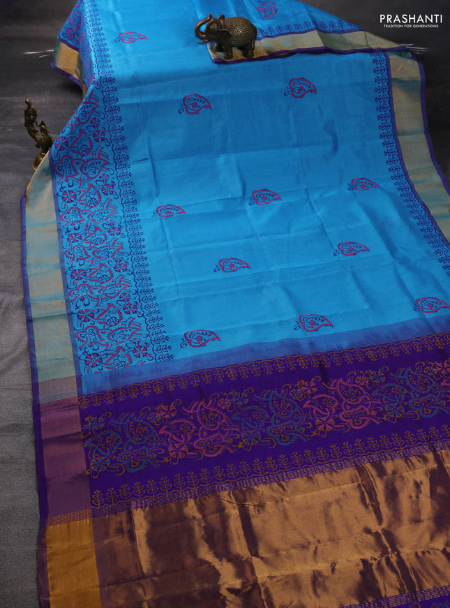 Silk cotton block printed saree light blue and violet with butta prints and zari woven border