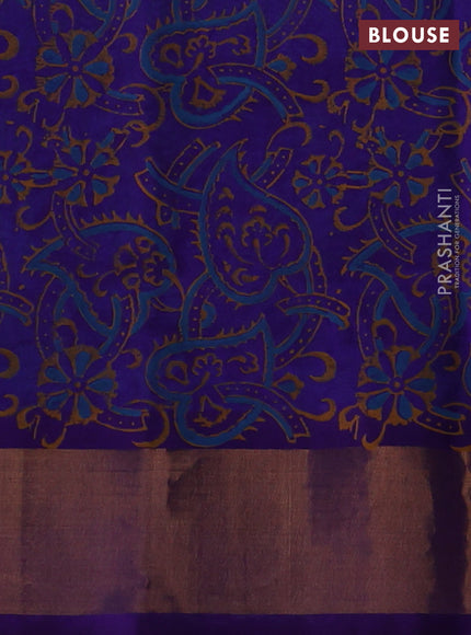 Silk cotton block printed saree light blue and violet with butta prints and zari woven border