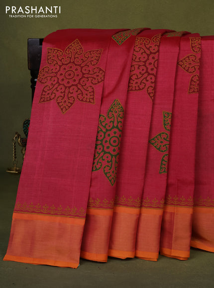 Silk cotton block printed saree pink shade and mango yellow with butta prints and zari woven border
