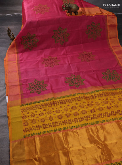 Silk cotton block printed saree pink shade and mango yellow with butta prints and zari woven border