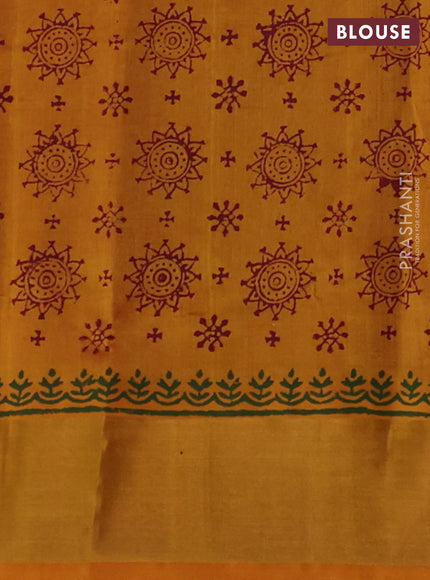 Silk cotton block printed saree pink shade and mango yellow with butta prints and zari woven border