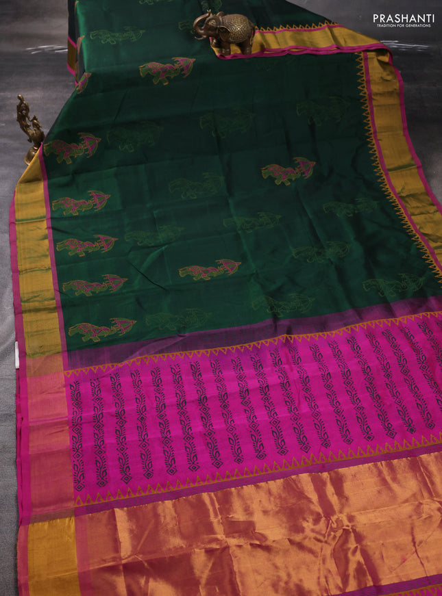 Silk cotton block printed saree bottle green and pink with elephant butta prints and zari woven border