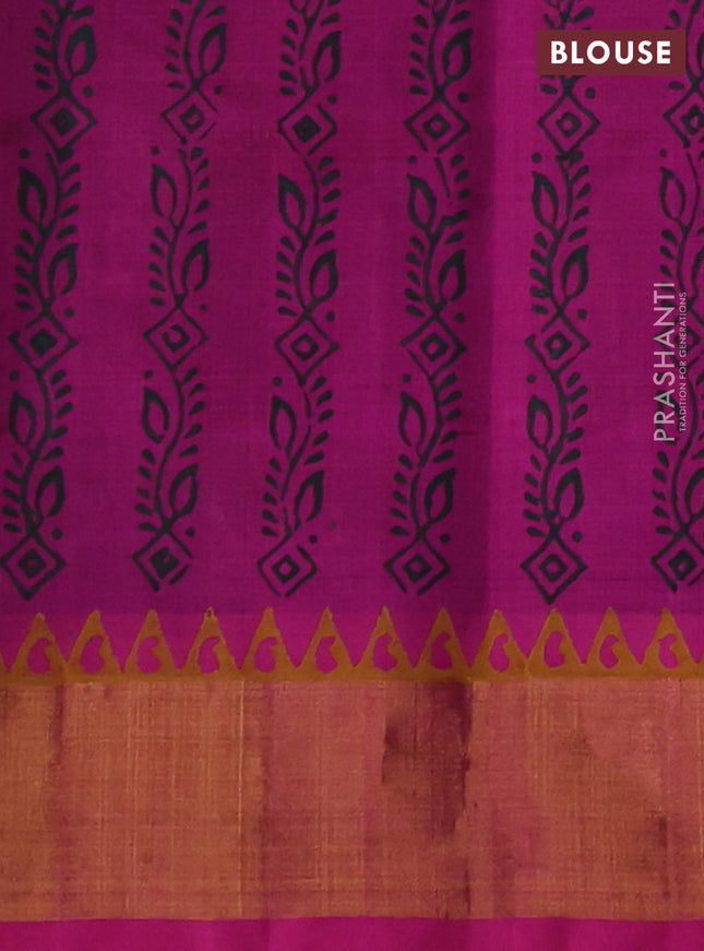 Silk cotton block printed saree bottle green and pink with elephant butta prints and zari woven border
