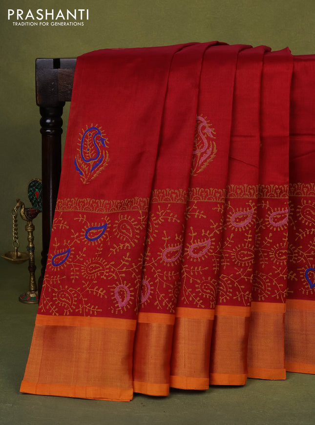 Silk cotton block printed saree maroon and mango yellow with paisley butta prints and zari woven border