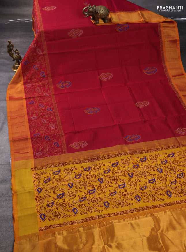 Silk cotton block printed saree maroon and mango yellow with paisley butta prints and zari woven border
