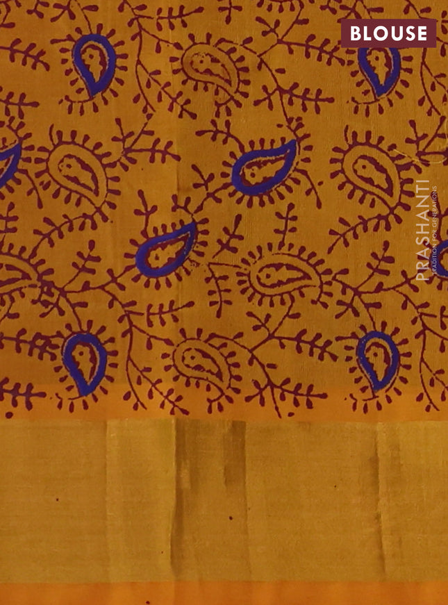 Silk cotton block printed saree maroon and mango yellow with paisley butta prints and zari woven border