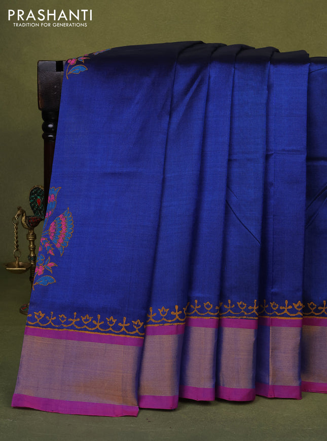 Silk cotton block printed saree blue and pink with floral butta prints and zari woven border