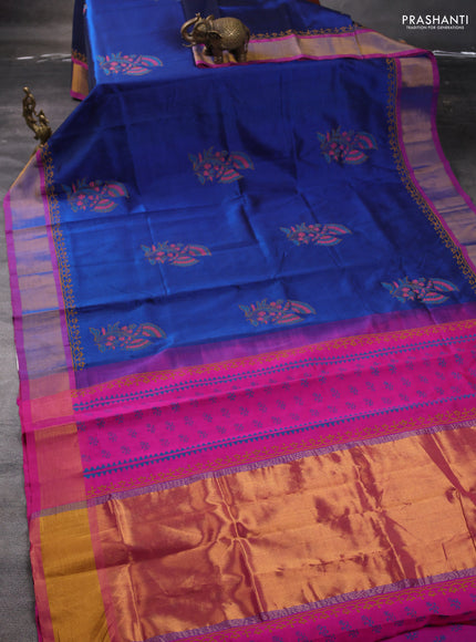 Silk cotton block printed saree blue and pink with floral butta prints and zari woven border