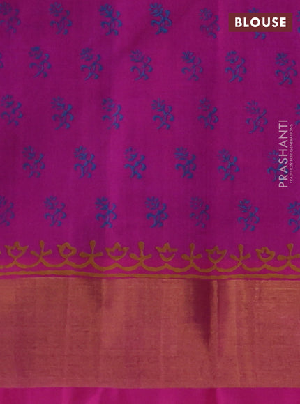 Silk cotton block printed saree blue and pink with floral butta prints and zari woven border