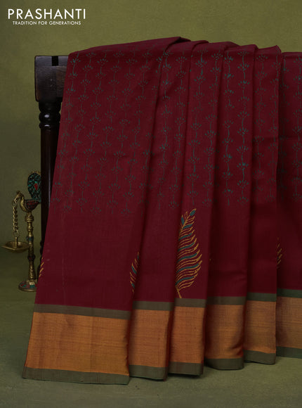 Silk cotton block printed saree maroon and green with allover prints and zari woven border