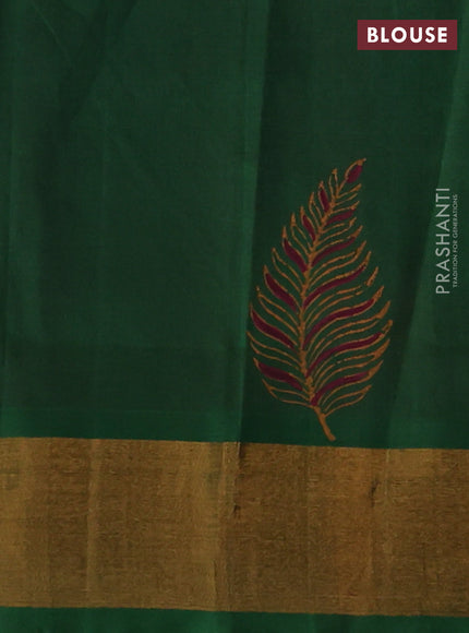 Silk cotton block printed saree maroon and green with allover prints and zari woven border