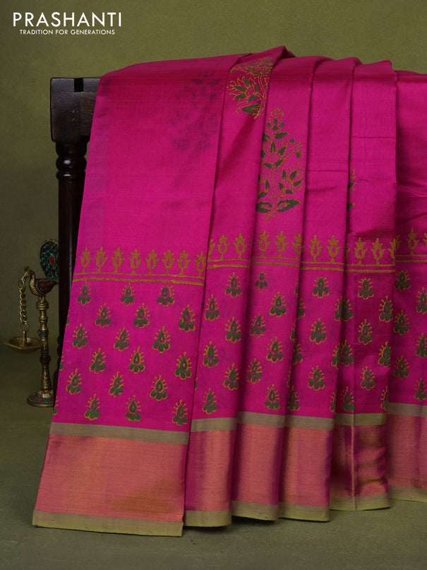 Silk cotton block printed saree pink and light green with allover butta prints and zari woven border