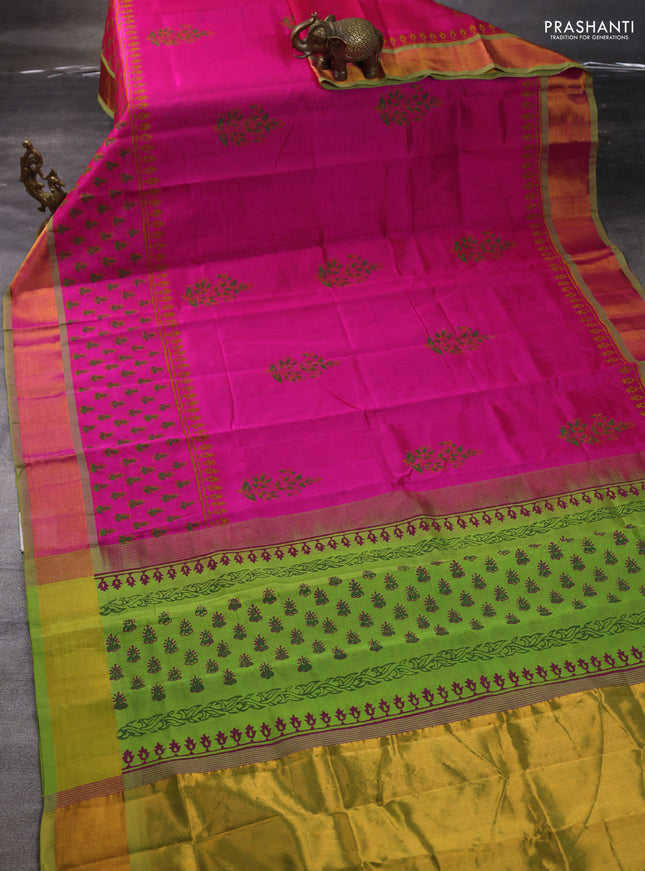 Silk cotton block printed saree pink and light green with allover butta prints and zari woven border