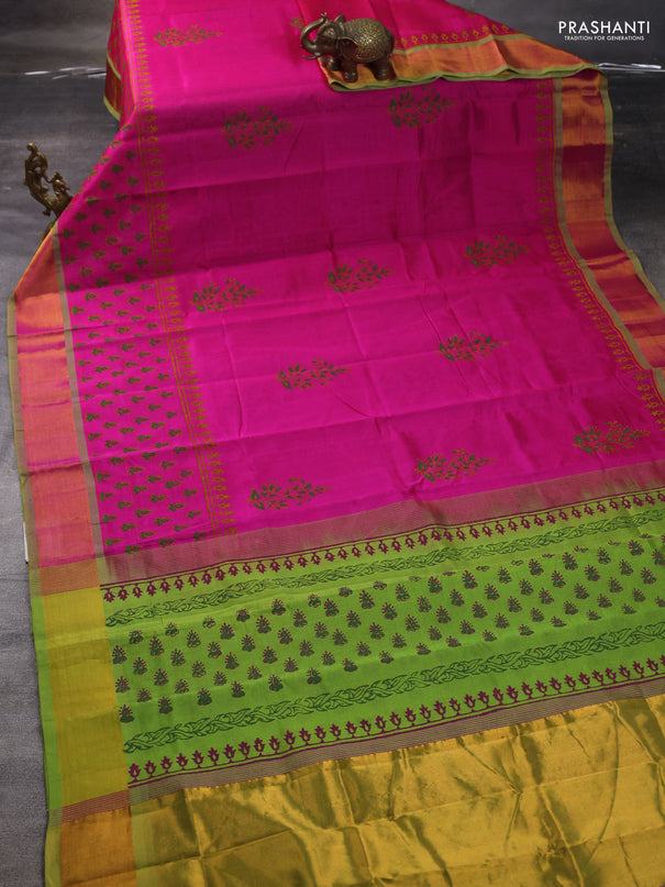 Silk cotton block printed saree pink and light green with allover butta prints and zari woven border
