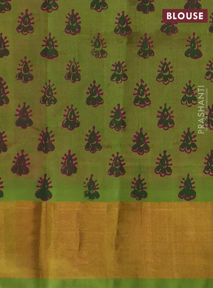 Silk cotton block printed saree pink and light green with allover butta prints and zari woven border