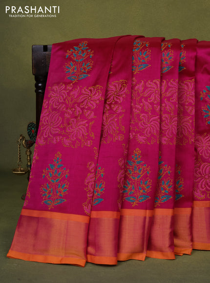Silk cotton block printed saree magenta pink and mustard yellow with allover prints and zari woven border