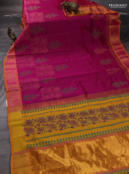 Silk cotton block printed saree magenta pink and mustard yellow with allover prints and zari woven border