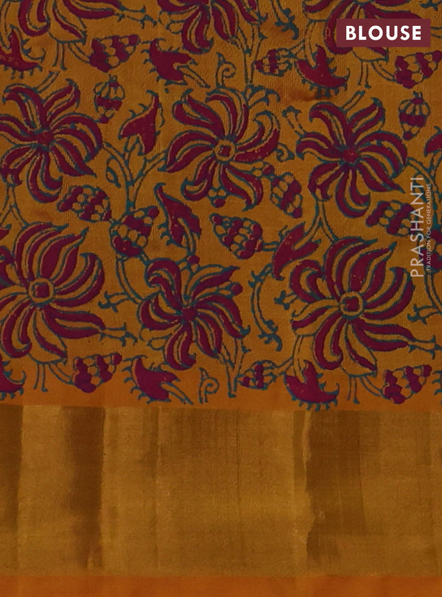 Silk cotton block printed saree magenta pink and mustard yellow with allover prints and zari woven border