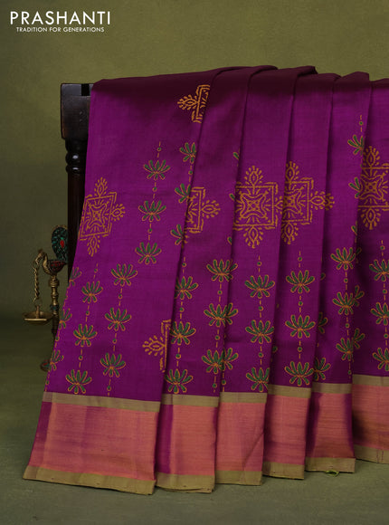 Silk cotton block printed saree purple and light green with allover prints and zari woven border
