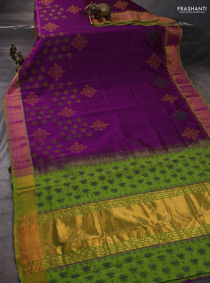 Silk cotton block printed saree purple and light green with allover prints and zari woven border