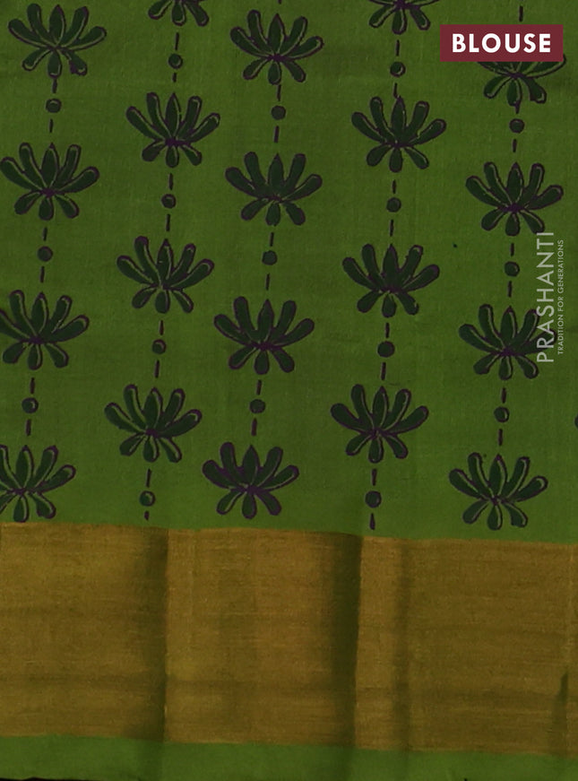 Silk cotton block printed saree purple and light green with allover prints and zari woven border