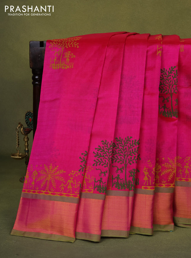 Silk cotton block printed saree pink shade and light green with allover prints and zari woven border