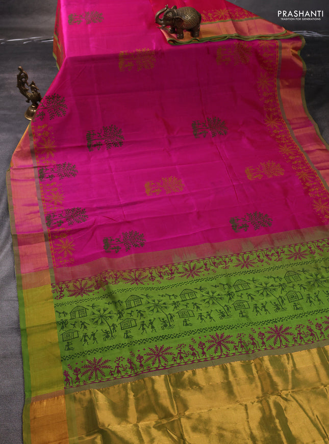 Silk cotton block printed saree pink shade and light green with allover prints and zari woven border