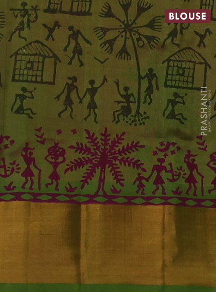 Silk cotton block printed saree pink shade and light green with allover prints and zari woven border