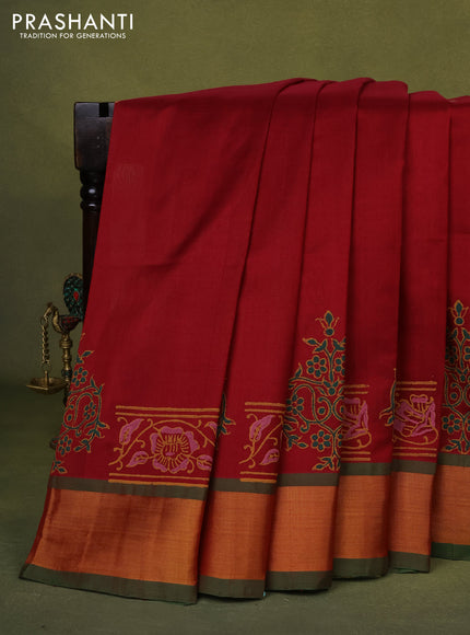 Silk cotton block printed saree maroon and green with butta prints and zari woven border