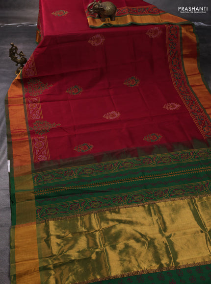 Silk cotton block printed saree maroon and green with butta prints and zari woven border