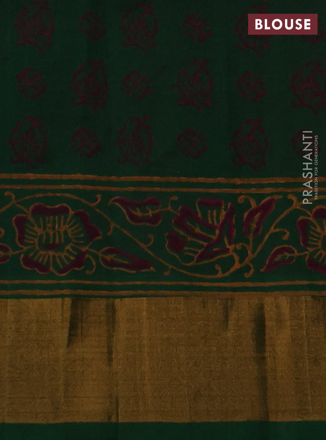 Silk cotton block printed saree maroon and green with butta prints and zari woven border
