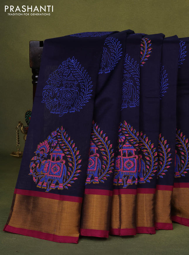 Silk cotton block printed saree navy blue and pink with butta prints and zari woven border