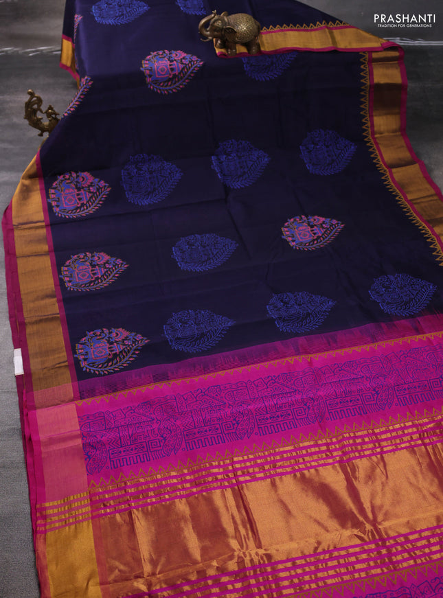 Silk cotton block printed saree navy blue and pink with butta prints and zari woven border