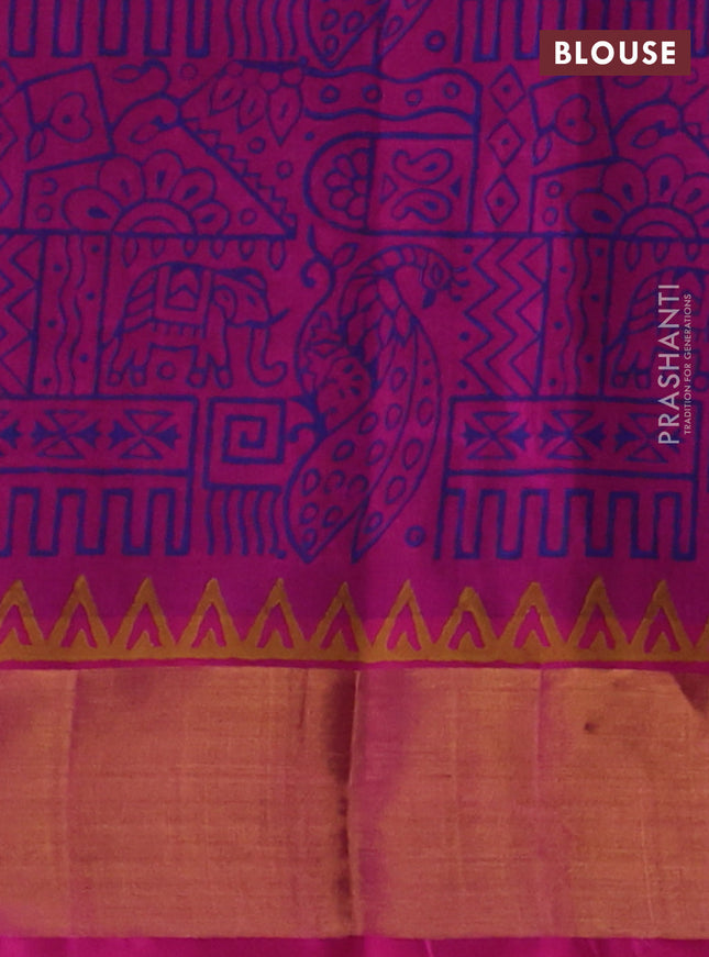 Silk cotton block printed saree navy blue and pink with butta prints and zari woven border