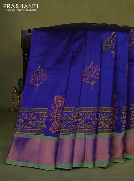 Silk cotton block printed saree blue and green with butta prints and zari woven border