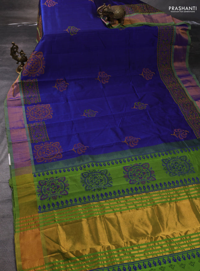 Silk cotton block printed saree blue and green with butta prints and zari woven border