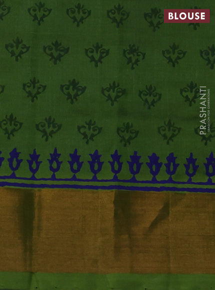 Silk cotton block printed saree blue and green with butta prints and zari woven border