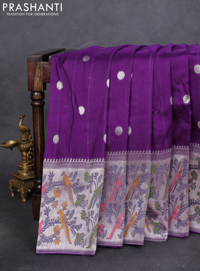 Banarasi raw silk saree violet with silver zari woven buttas and zari woven paithani style border