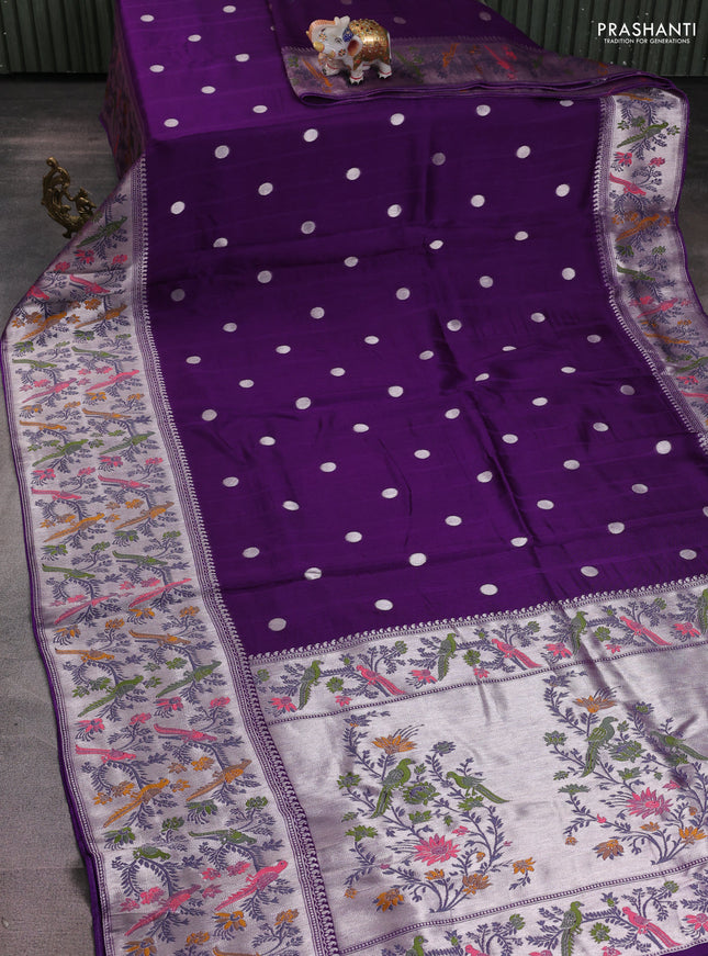 Banarasi raw silk saree violet with silver zari woven buttas and zari woven paithani style border