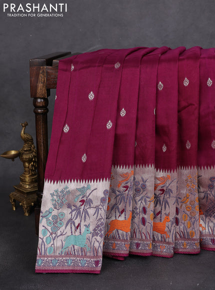 Banarasi raw silk saree purple with silver zari woven buttas and zari woven paithani style border