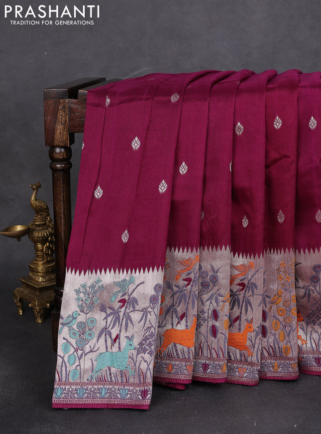 Banarasi raw silk saree purple with silver zari woven buttas and zari woven paithani style border