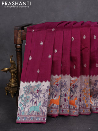 Banarasi raw silk saree purple with silver zari woven buttas and zari woven paithani style border