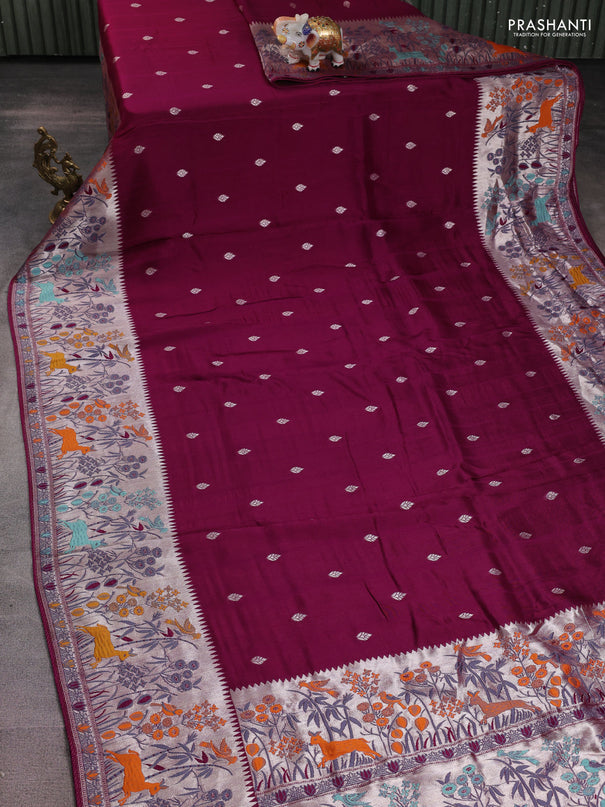 Banarasi raw silk saree purple with silver zari woven buttas and zari woven paithani style border