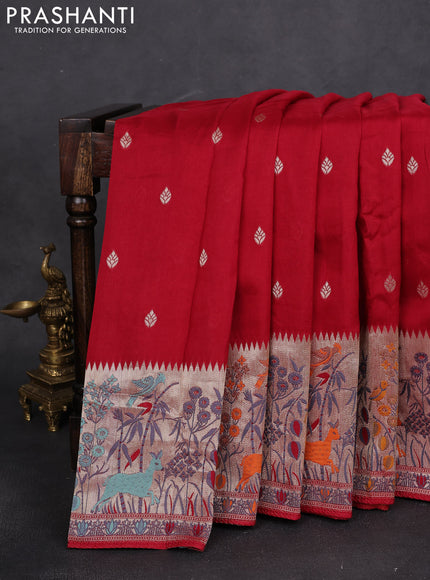 Banarasi raw silk saree maroon with silver zari woven buttas and zari woven paithani style border