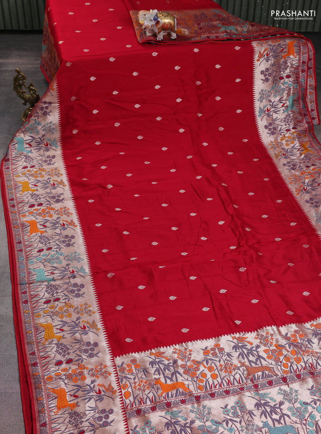 Banarasi raw silk saree maroon with silver zari woven buttas and zari woven paithani style border